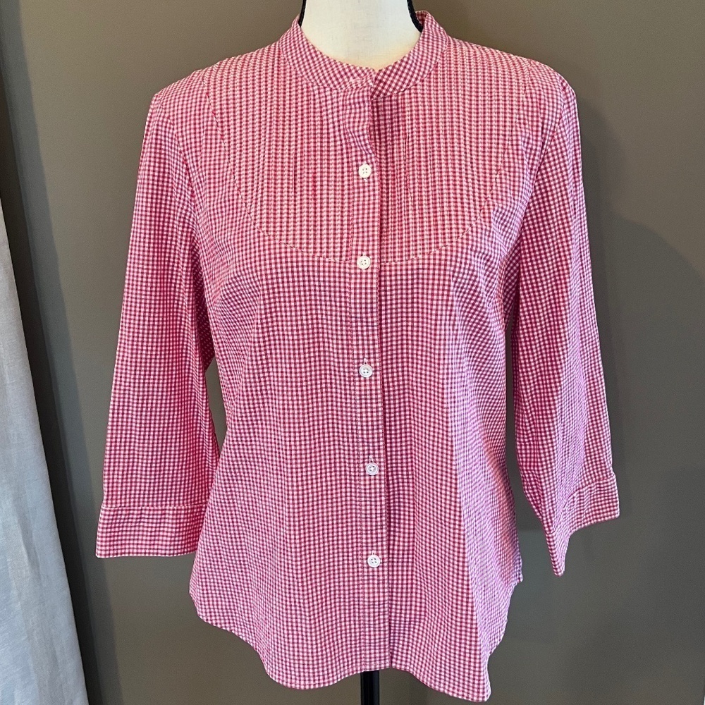 Talbots Red & White Stretch Gingham Button Down Mandarin Collar, Size Medium